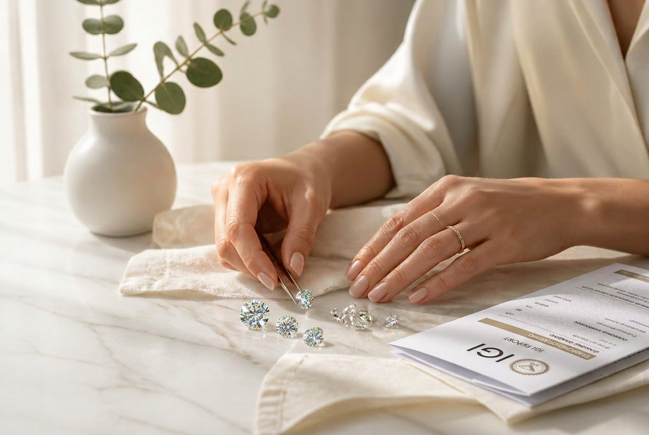 Hands arranging loose diamonds on a marble and linen work surface